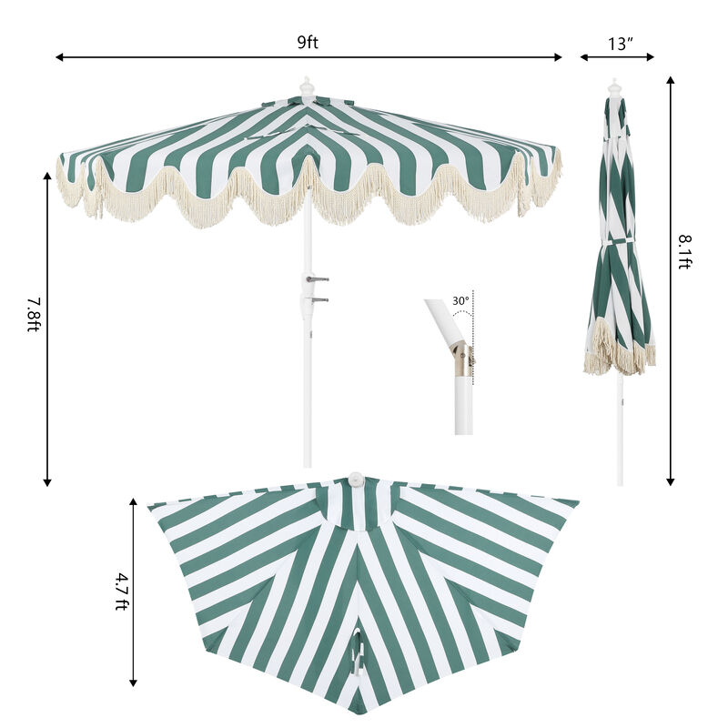 Beverly 9 ft. Designer Classic Scalloped Fringe Half Market Patio Umbrella with Crank, Wind Vent and UV Protection