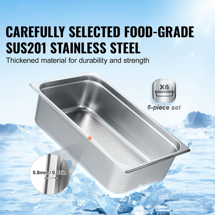 VEVOR 6 Pack Full Size Hotel Pans Steam Table Pan Stainless Steel 6" Deep