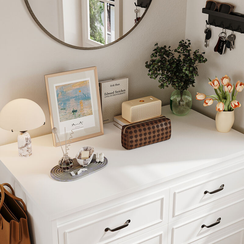 FUFU&GAGA Modern Vanity Table with 12 Drawers and Storage Bench – MDF Makeup Desk with Cushioned Seat, Large Workspace, and Black Handles, (61.9 in. L x 27.6 in. W x 32.6 in. H),White