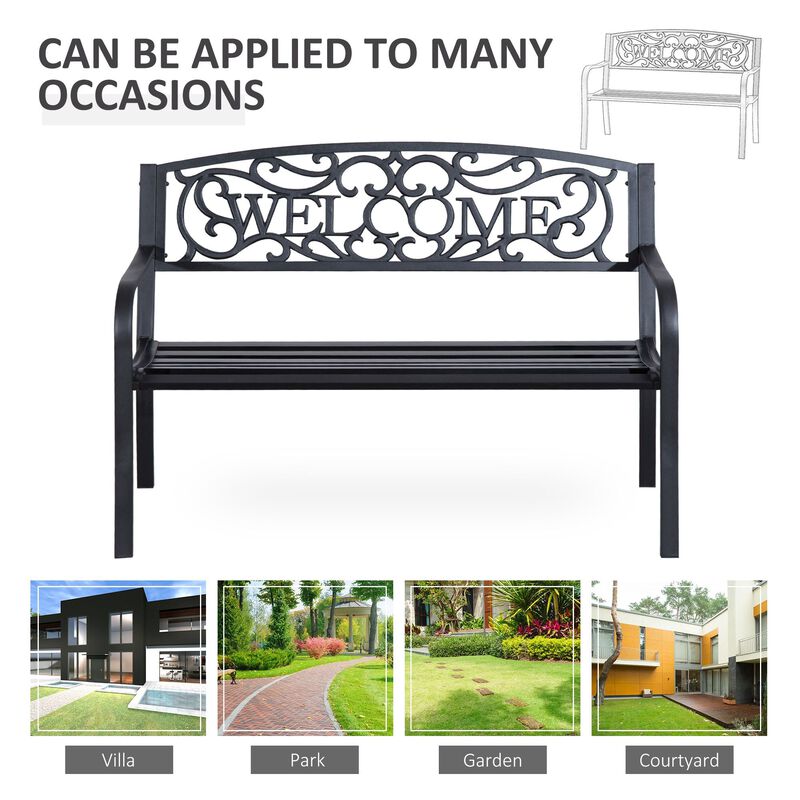 50" 2-Person Garden Bench Loveseat with Cast Iron Decorative Welcome Vines, Outdoor Patio Bench for Backyard, Porch, Entryway