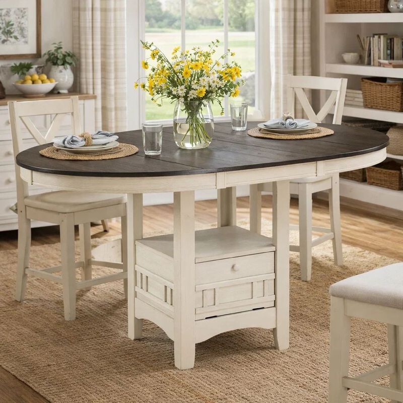 Glee 42-60 Inch Extendable Counter Height Table, Antique White and Brown image number 7