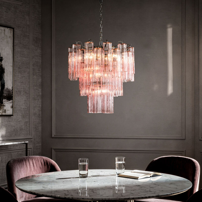23'' Modern Pink Textured Glass Chandelier in Polished Nickel Elegant Glam Tiered Pendant Light for Dining Room or Wedding Venue image number 2