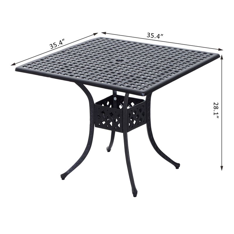Alfresco Dining Surface: 36" Square Metal Patio Table with Umbrella Hole
