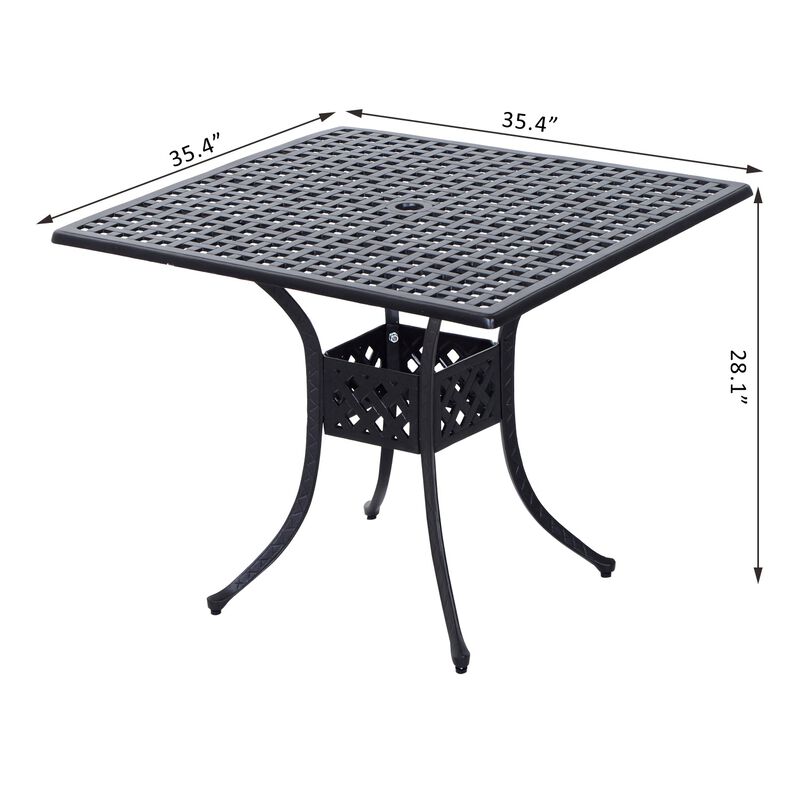36" x 36" Square Metal Outdoor Patio Bistro Table with Center Umbrella Hole & Cast Iron Stylish Design