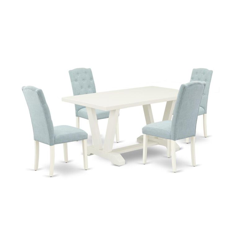 East West Furniture 5-Pc Dining Room Table Set- 4 Parson Chairs with Baby Blue Linen Fabric Seat and Button Tufted Chair Back - Rectangular Table Top & Wooden Legs - Linen White Finish