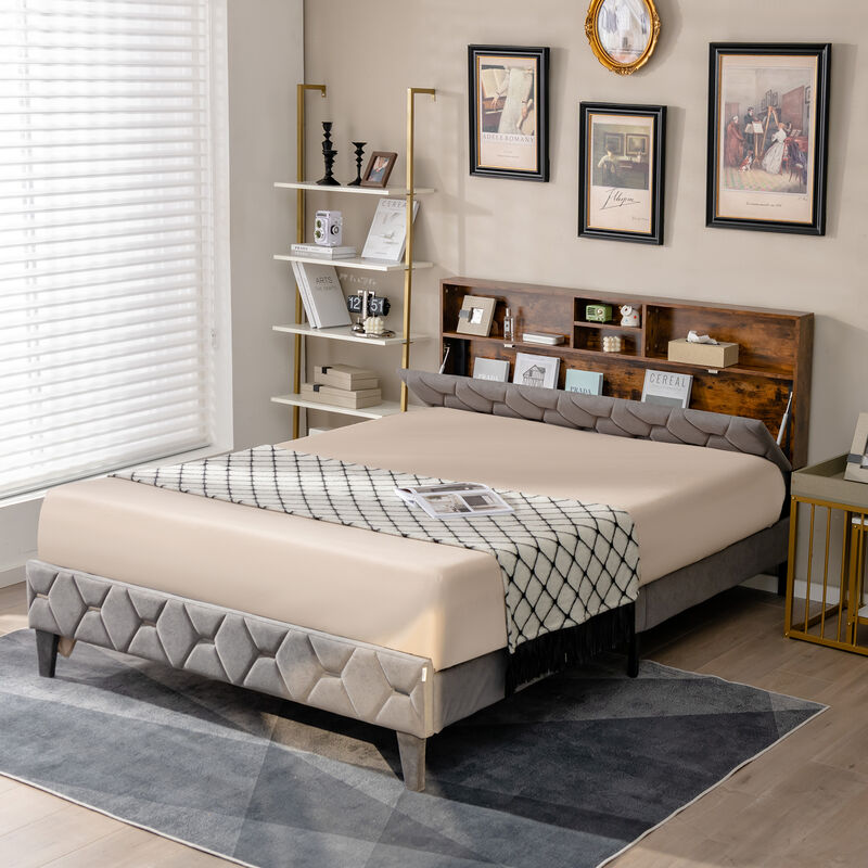 Full/Queen Size Upholstered Bed Frame with Storage Headboard