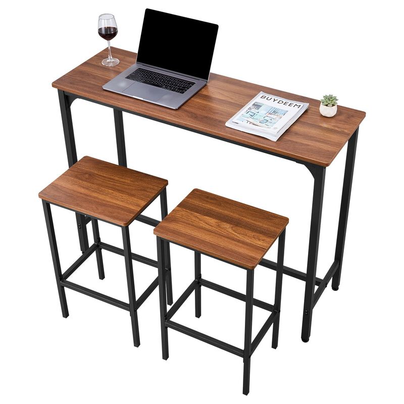 3PC 47" Bar Table Set with 2 Stools Rustic Brown & Black image number 4