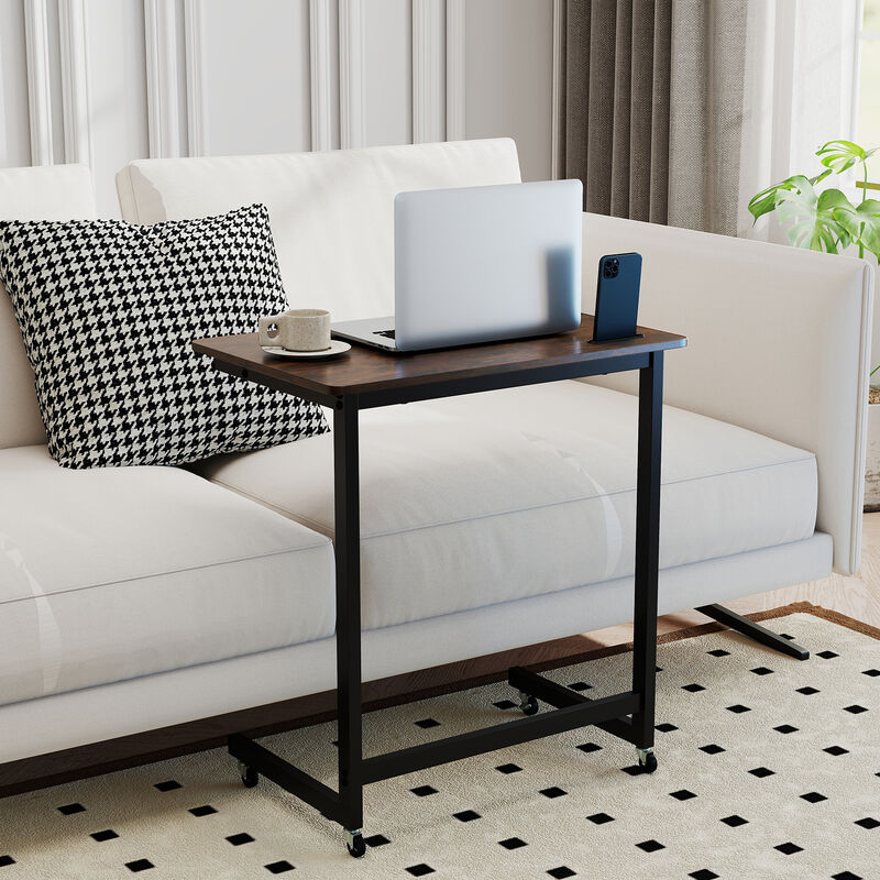 Mobile C Table with Casters, Bedside End Table with Built-In Phone Holder-Rustic Brown image number 1