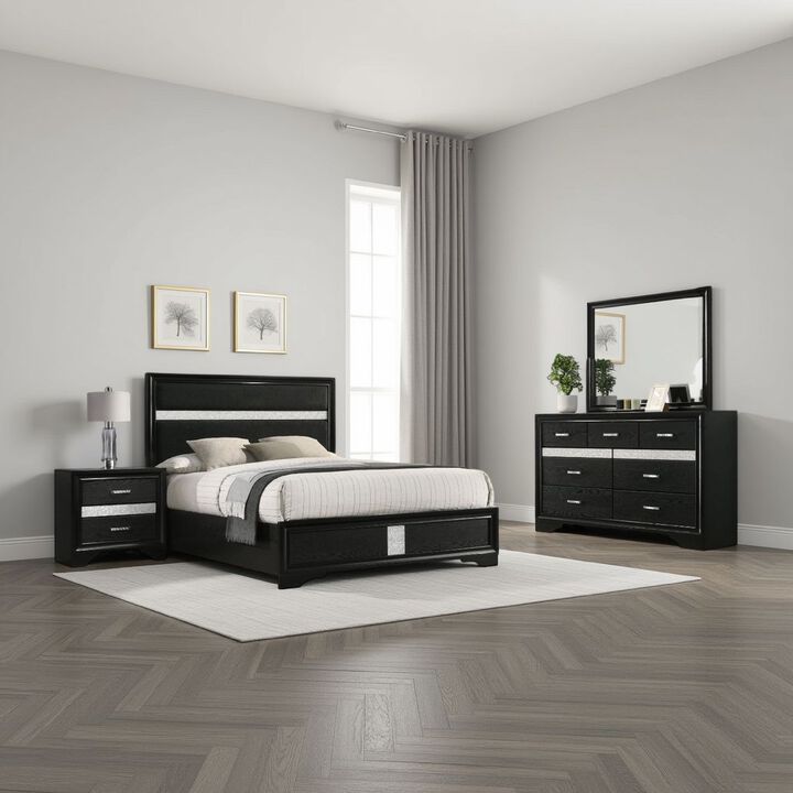 Vino 4pc Full Bedroom Set, Black Upholstery, Glitter Striped Dresser