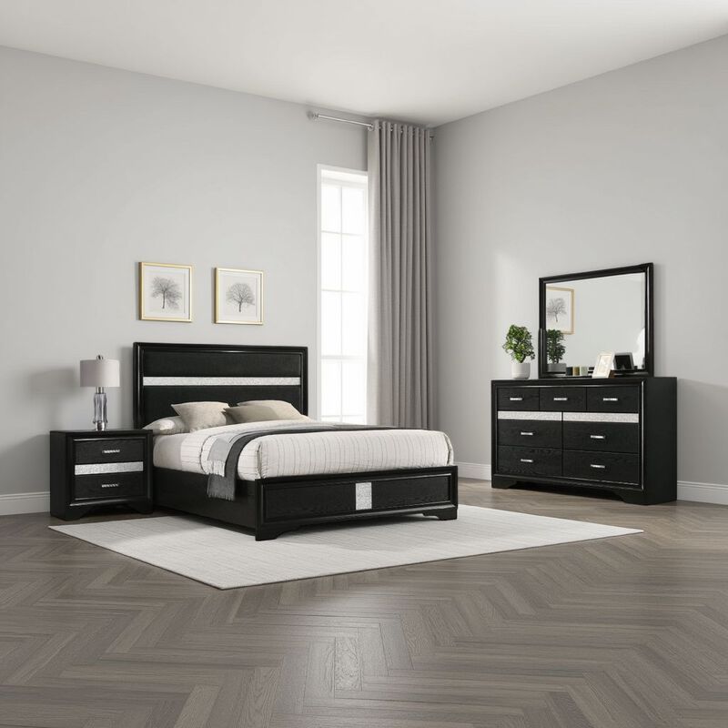 Vino 4pc Full Bedroom Set, Black Upholstery, Glitter Striped Dresser image number 1