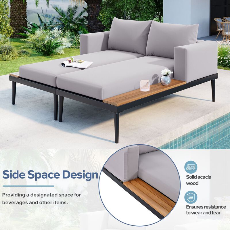 2-in-1 Outdoor Sofa Daybed for Poolside/Balcony, Wood-Topped Side Spaces & Padded Lounges