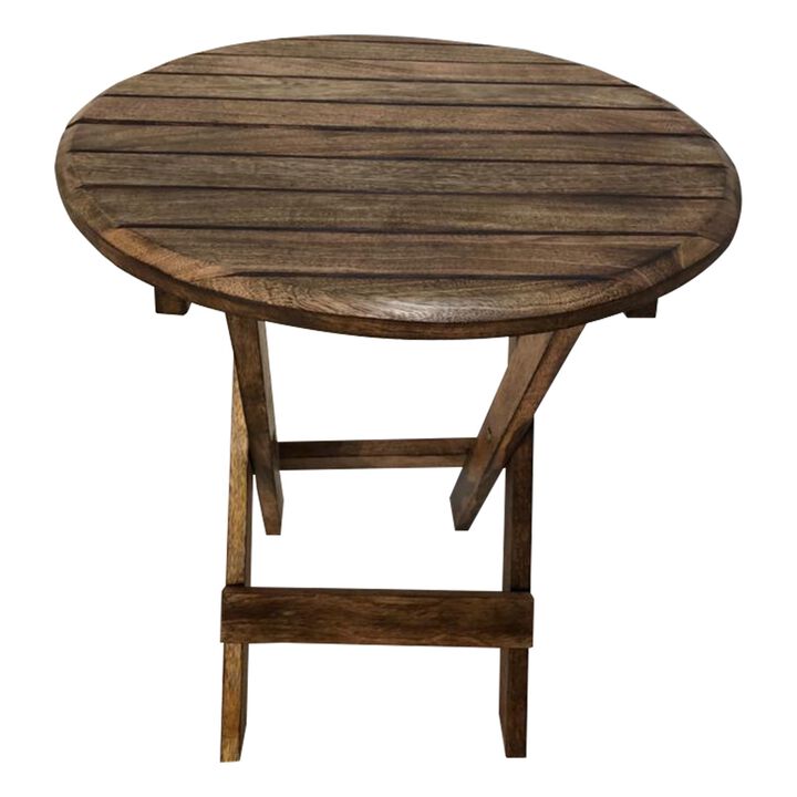 Farmhouse Wooden Round Folding Chair Side End Table with Planked Top, Rustic Brown-Benzara