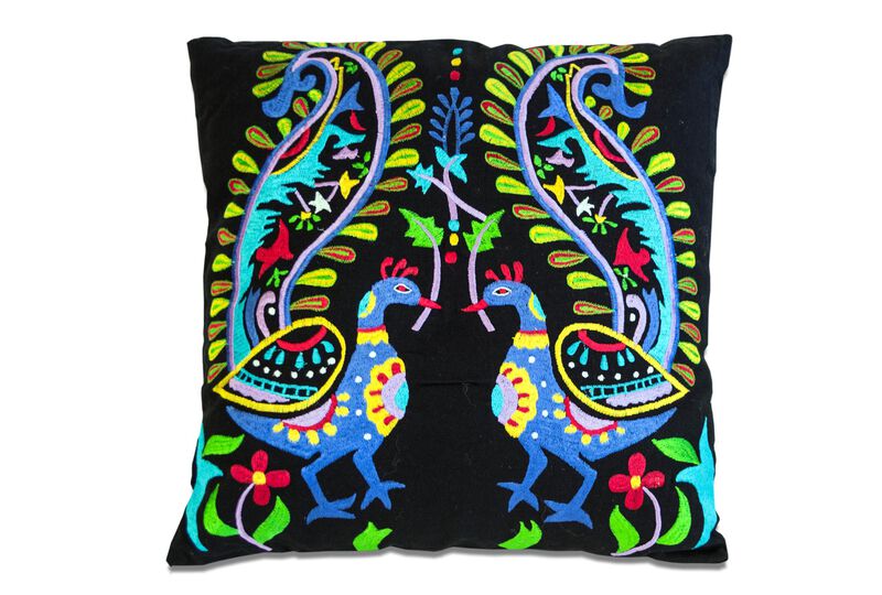 HomeRoots Set of Two 18" Black And Blue Peacock Cotton Throw Pillows with Embroidery image number 0