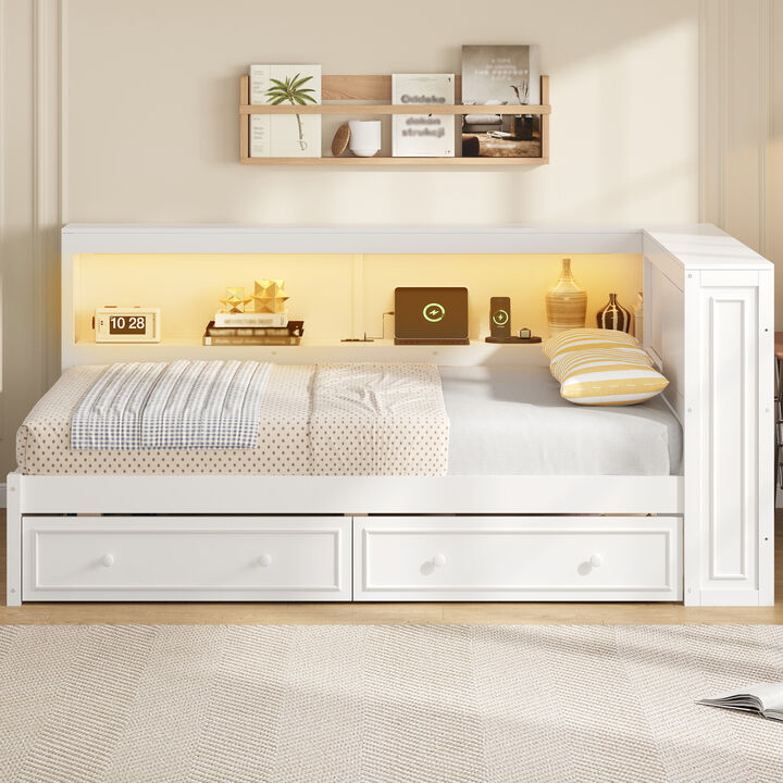Whisen Full Size Wood Daybed with 2 Drawers, USB & LED, 86.2"x65.7"x37.7", Solid Wood+MDF, for Bedroom