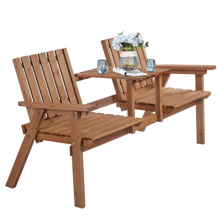 Outsunny Patio Bench, Garden Bench with Middle Table & Umbrella Hole, Wooden Outdoor Bench for Patio, Porch, Poolside, Balcony, Orange