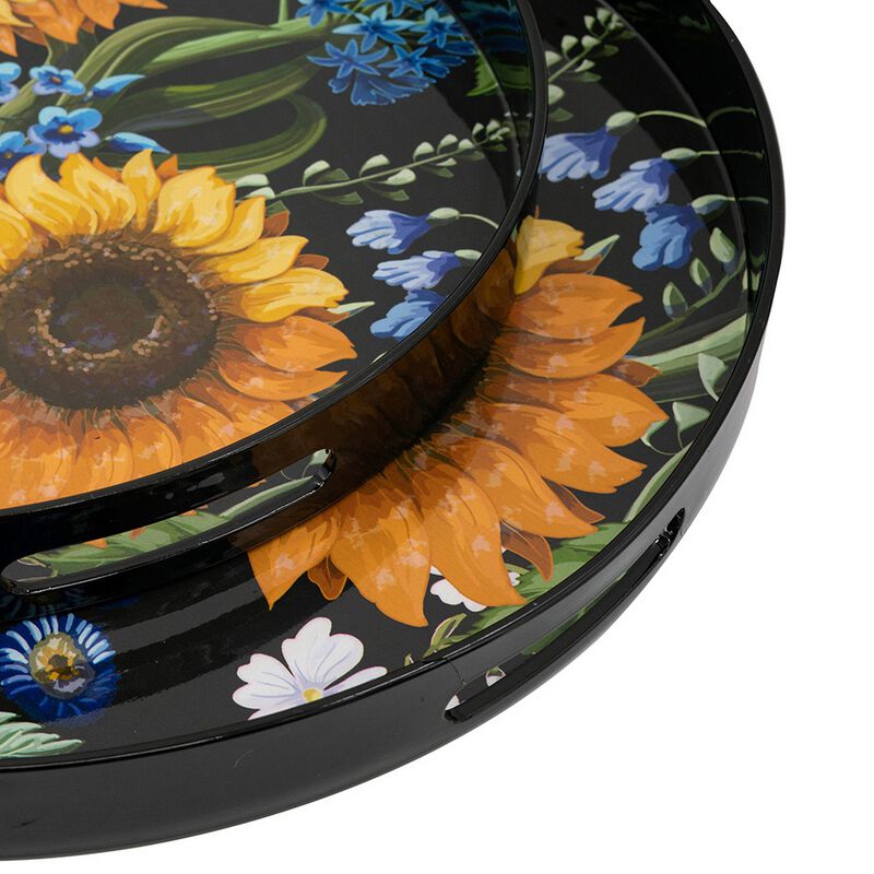 2 Piece Modern Decorative Trays, Round Plastic Frame, Sunflower Motifs  - Benzara