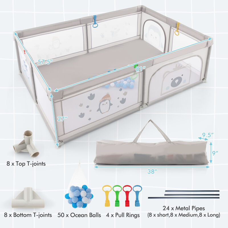 Large Baby Playpen with Pull Rings Ocean Balls and Cute Pattern