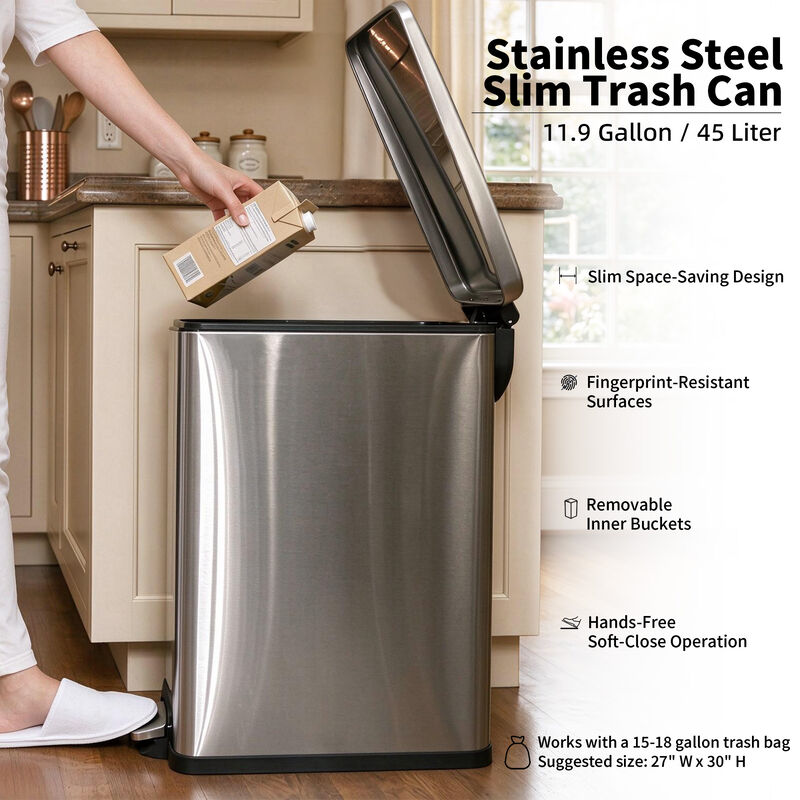 11.9 Gallon + Two 1.6 Gallon Slim Trash Can Sets, Stainless Steel Step-on Trash Can with Soft-Close Lid. Silver image number 3