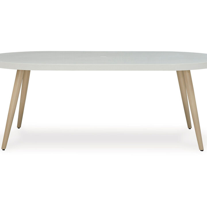 Yami Outdoor Dining Table, 80 Inch Oval Faux White Stone Top, Brown  - Benzara