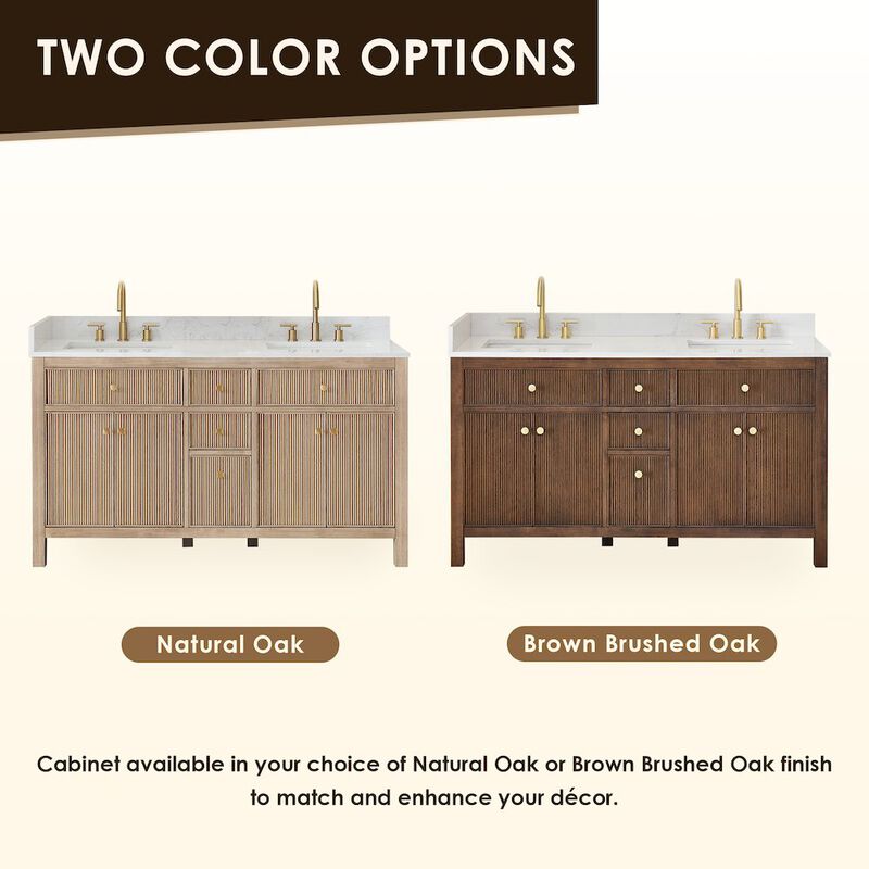 Altair-12 Double Bathroom Vanity in Brown Oak Grain White Engineered Stone Countertop