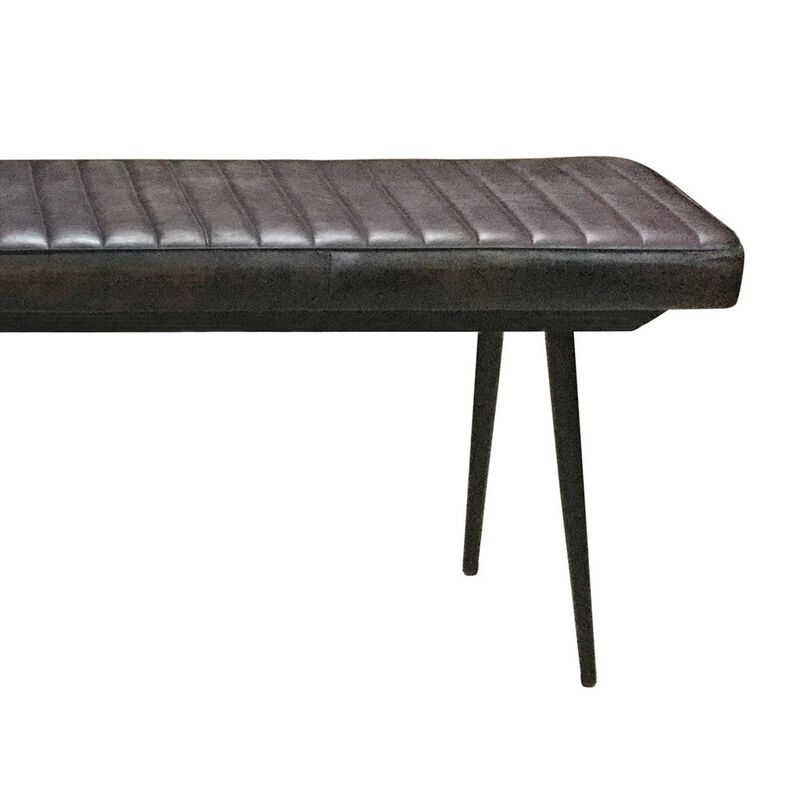 Mia 54 Inch Bench, Hand Dyed Espresso Brown Leather, Vertical Tufting -Benzara