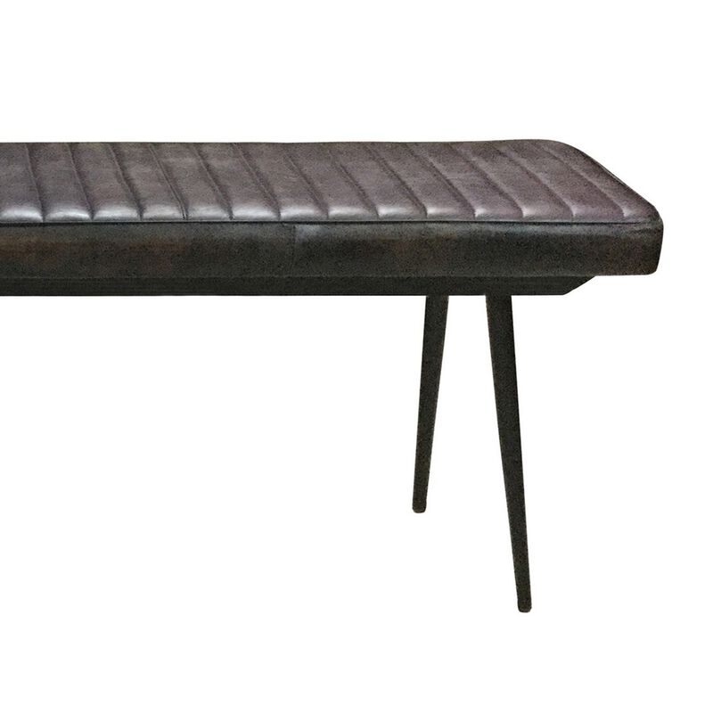Mia 54 Inch Bench, Hand Dyed Espresso Brown Leather, Vertical Tufting  - Benzara