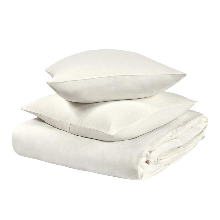 Paula 3 Piece Queen Duvet Set, Ivory Extra Soft Stone Washed Hemp  - Benzara