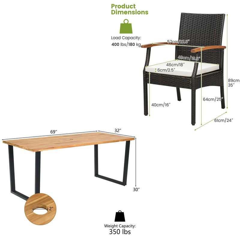 Mondawe 7-Piece Outdoor Rattan Patio Dining Set,Cushion& Acacia Wood Table With Umbrella Hole