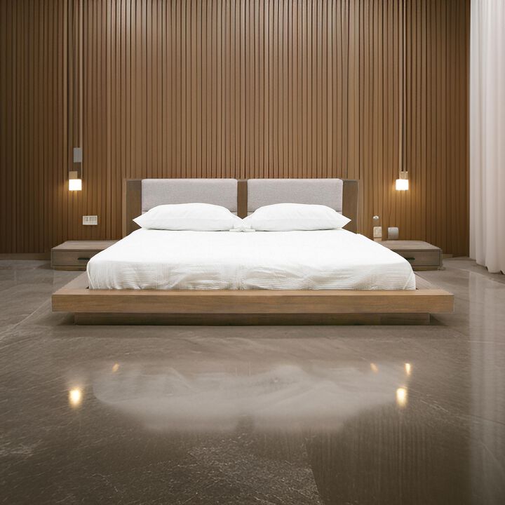 Noe Col Queen Platform Bed, Upholstered, 2 Nightstands, Walnut Brown, Gray - Benzara