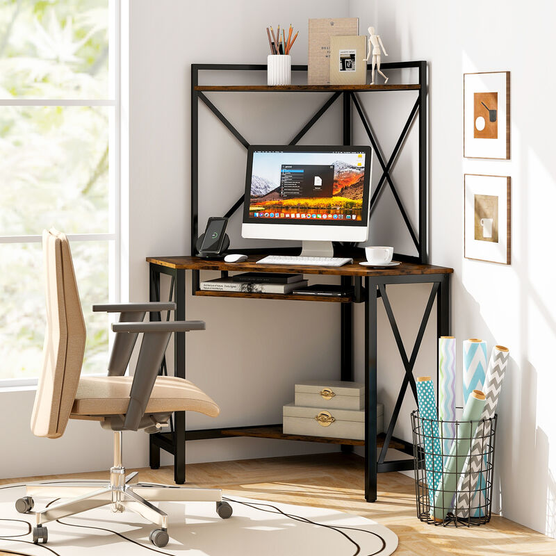 Space-Saving Corner Computer Desk with Hutch and Keyboard Tray for Home Office Organization