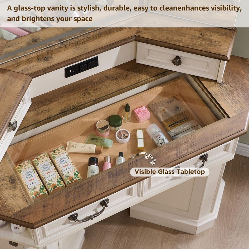 48" Makeup Vanity Desk with 3-Way Mirror, Lights, Glass Top, Charging Station & Storage image number 4