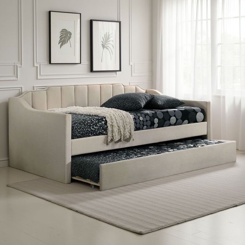 Oren Twin Daybed with Staircase Headboard, Beige Channel Tufted Fabric image number 1