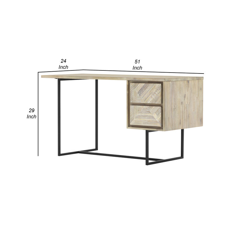 Rexi 51 Inch Acacia Wood Desk, 2 Drawers, Metal Sled Base, Natural Brown-Benzara