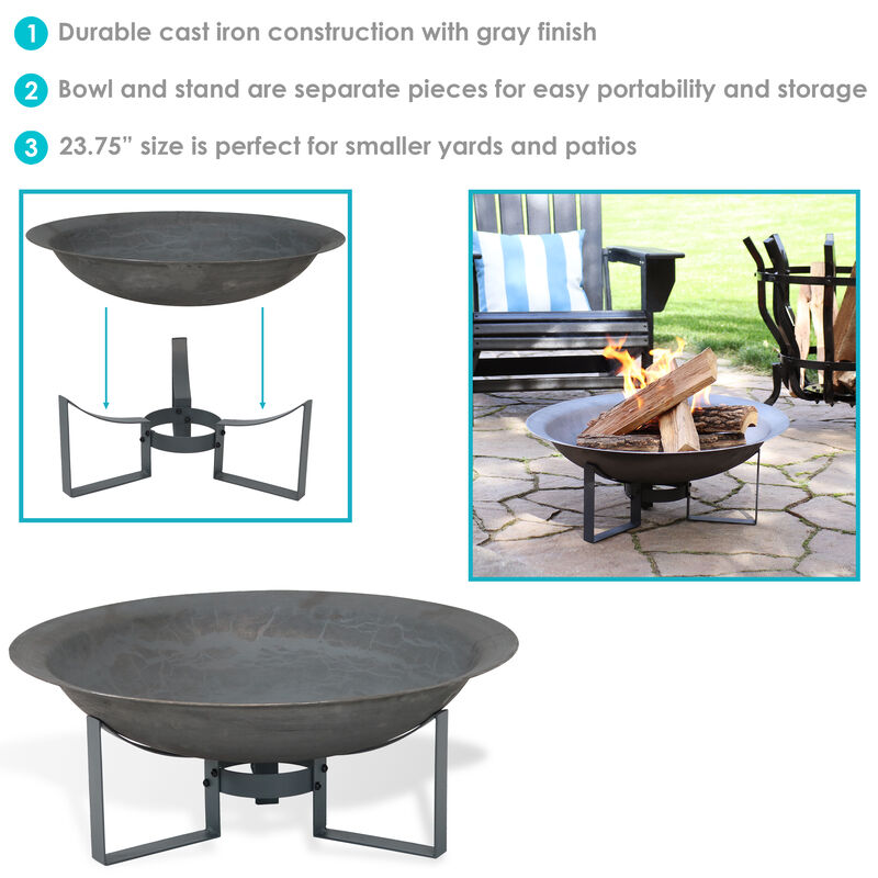 Sunnydaze 24 in Modern Cast Iron Fire Pit Bowl with Stand - Black