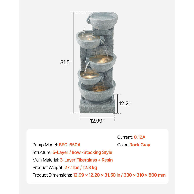 5-Tier Outdoor Water Fountain with LED Light, Cascading Bowl Design for Garden Patio image number 2
