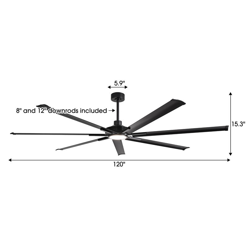 120" Industrial Black Reversible 7 Aluminum Blades Dimmable Extra Large Ceiling Fan with Light and Remote for Warehouse, garage, or Factory image number 4