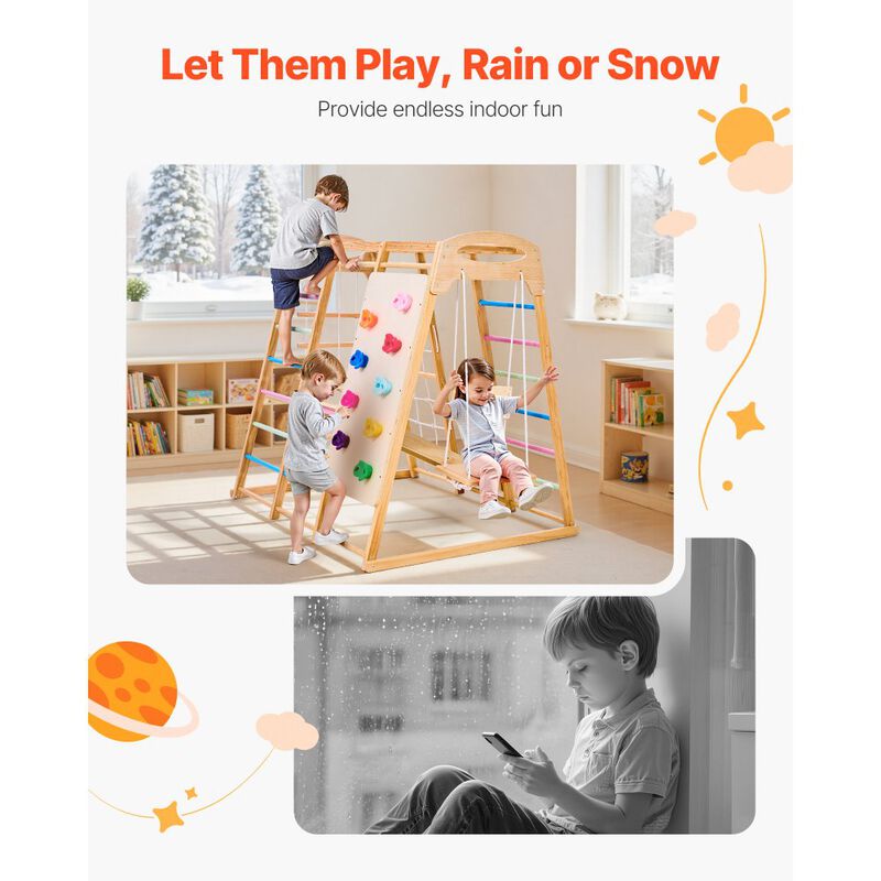 9 in 1 Wooden Indoor Playground Kids Climbing Gym with Slide Swing image number 4