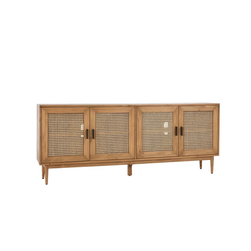 Evans 79 Inch Media Console TV Cabinet, Pinewood, 4 Doors, Natural Brown - Benzara