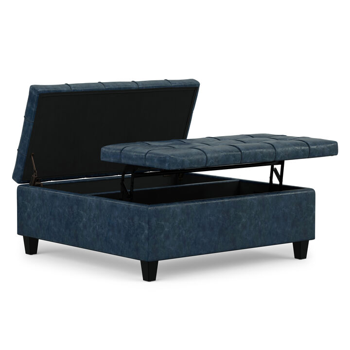 Harrison 40 inch Wide Transitional Square Large Coffee Table Storage Ottoman in Denim Blue Vegan Faux Leather, Assembled