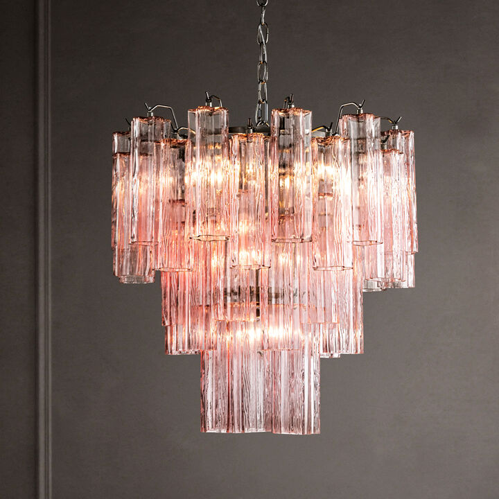 23'' Modern Pink Textured Glass Chandelier in Polished Nickel Elegant Glam Tiered Pendant Light for Dining Room or Wedding Venue