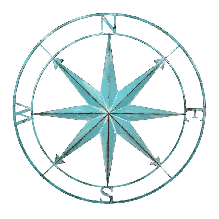 39 inch Aqua Metal Compass Rose Wall Decor Distressed Nautical Coastal Art