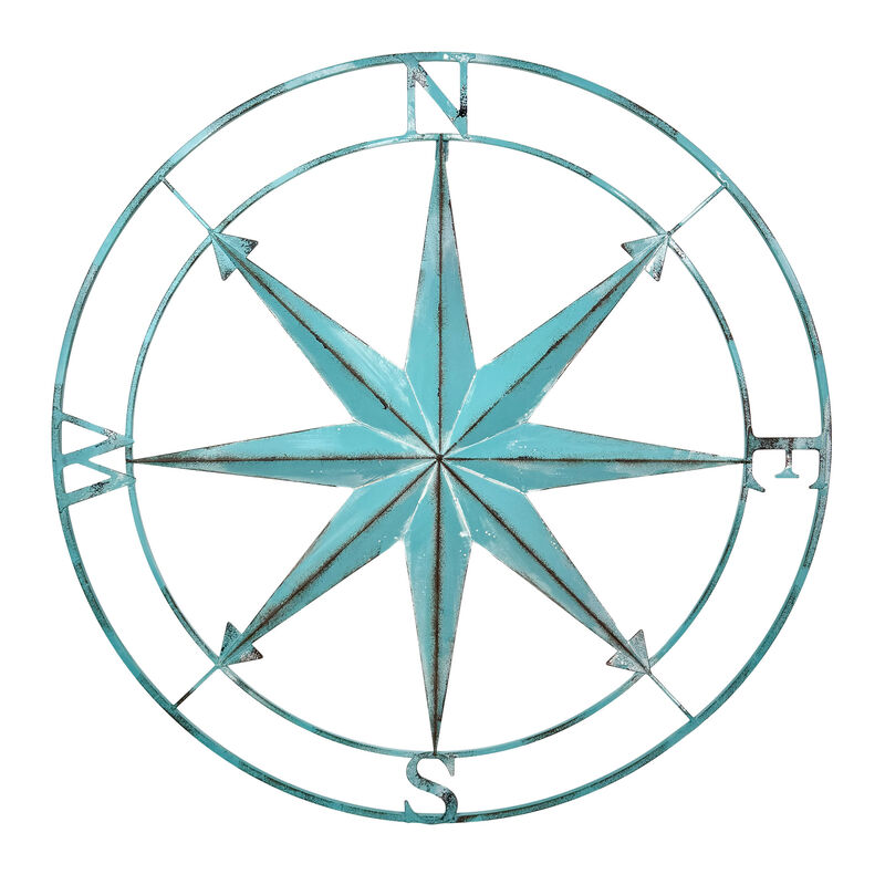 39 inch Aqua Metal Compass Rose Wall Decor Distressed Nautical Coastal Art image number 0