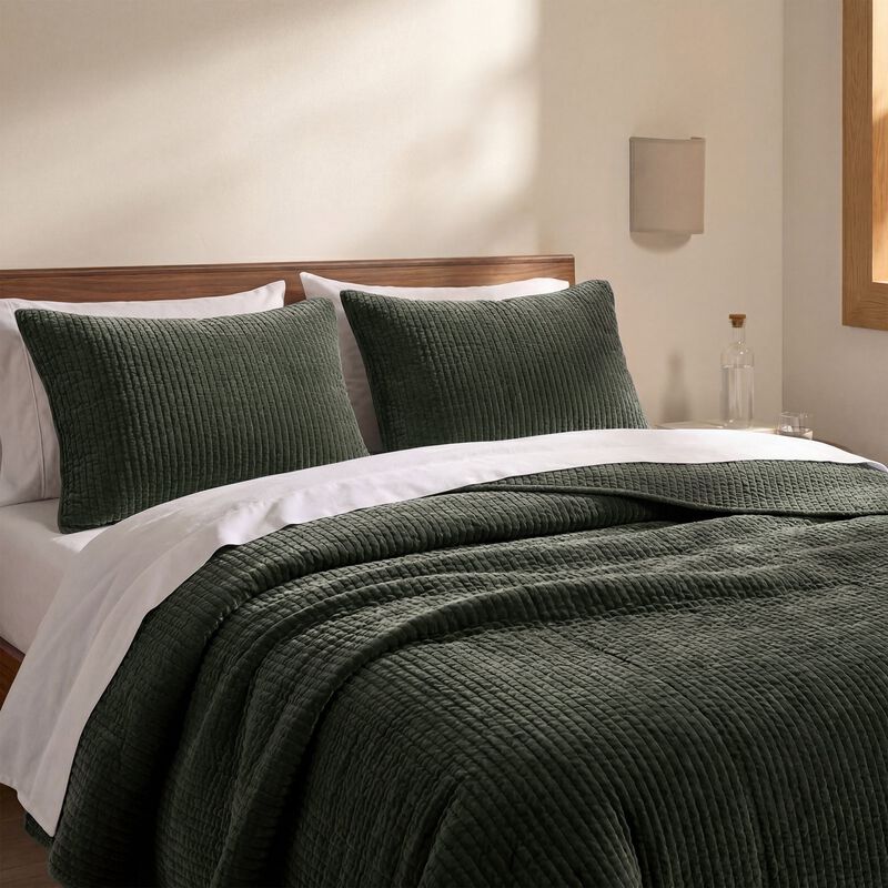 Stonewashed Green Cotton Velvet Full/Queen Quilt Set image number 2