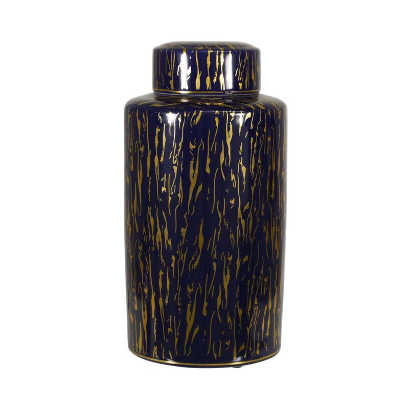Jar with Lid Closure and Abstract Line Pattern, Gold - Benzara image number 0