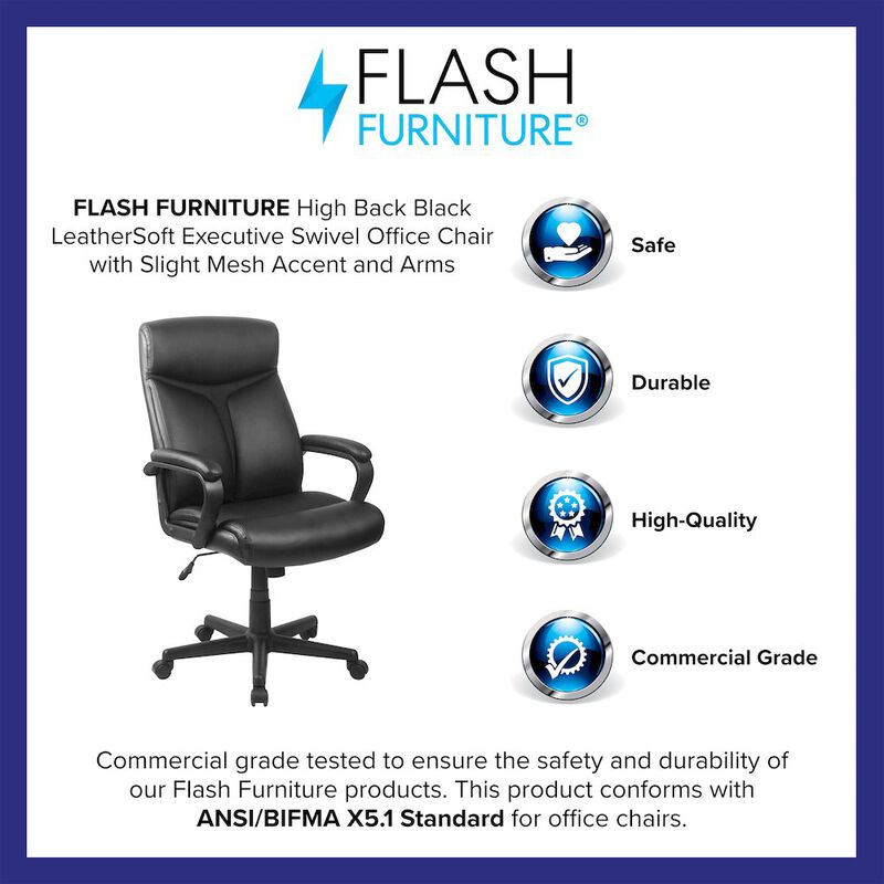 Raya High Back Black LeatherSoft Executive Swivel Office Chair with Slight Mesh Accent and Arms image number 8