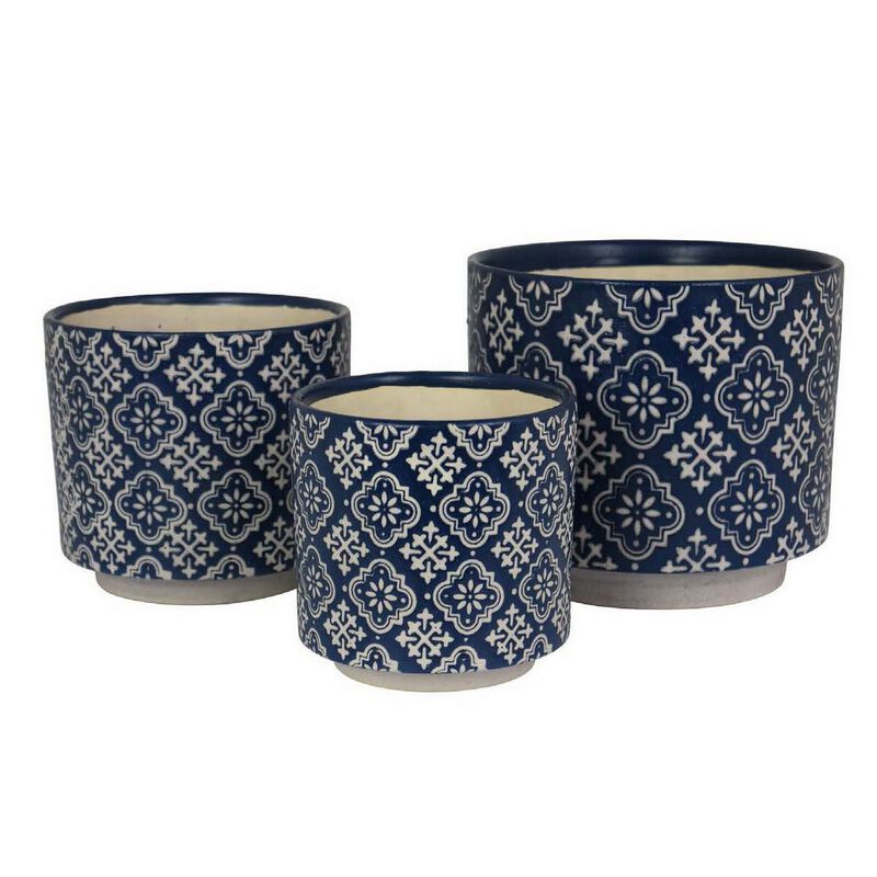 Modern Planter Set of 3, Vintage Floral Motifs, White Blue Ceramic - Benzara