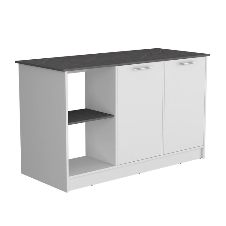 Coral Kitchen Island with Large Countertop, Open Storage Shelves and Double Door Cabinet, White / Onyx -Kitchen