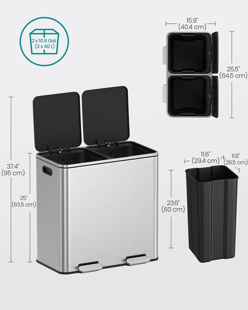 2 x 10.6 Gallon Kitchen Trash Can Set Dual 40L Garbage Bins image number 2