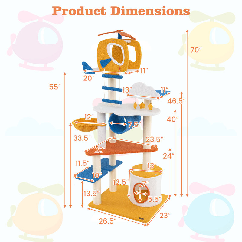 Tall Aviation-themed Cat Tree with Helicopter Top Perch and Platforms