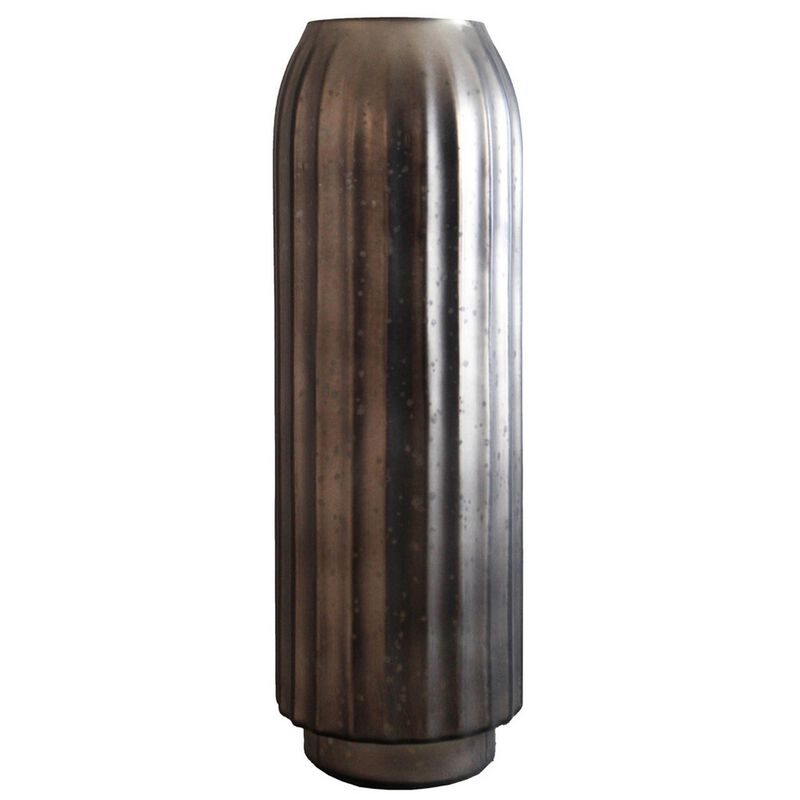 Cali 18 Inch Flower Vase, Round Base, Ribbed Fluted Brown Mercury Glass - Benzara